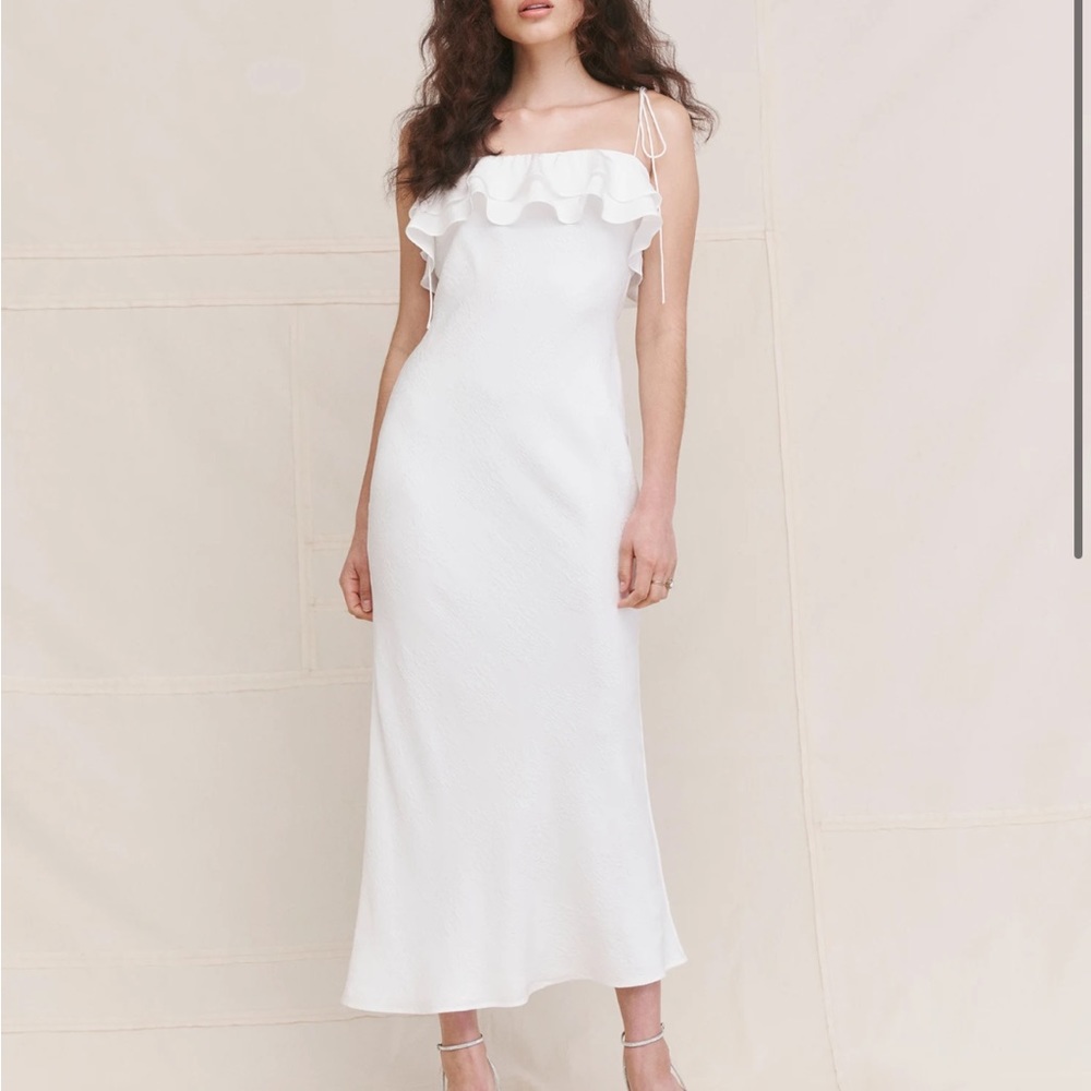 Reformation White Ruffle-Trim Midi Dress